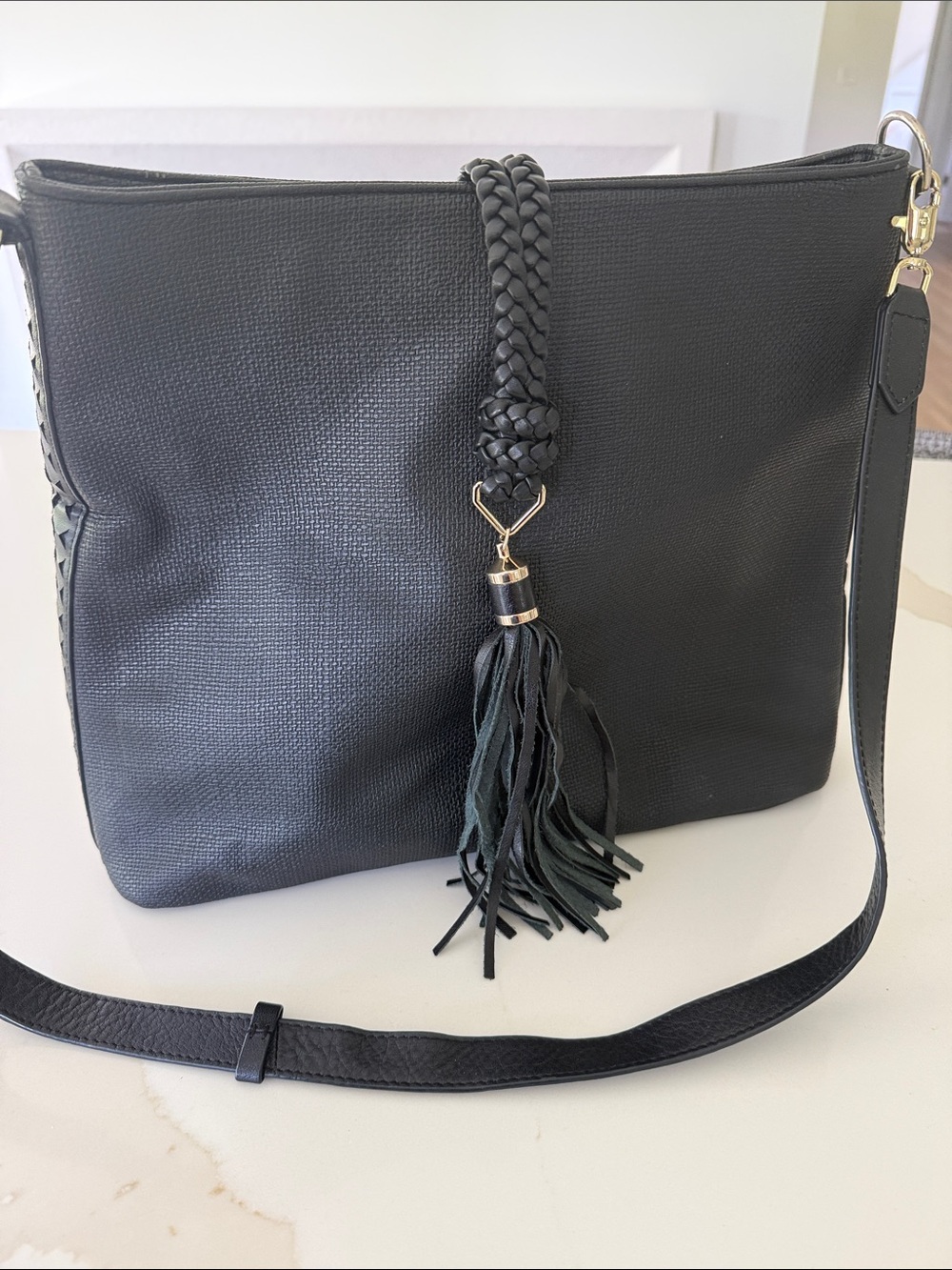 Stella & Dot Black Braided Tassel Crossbody